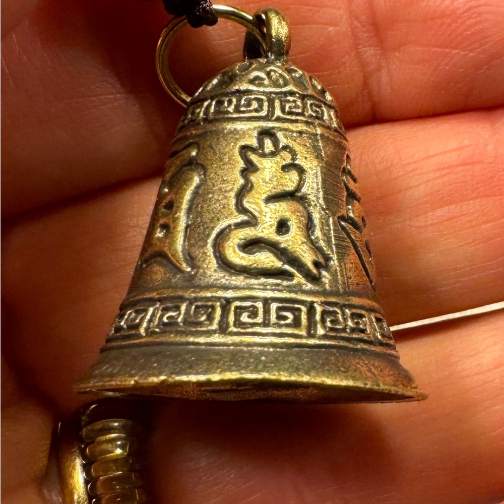 168-ATT New Vintage Style Brass Hand Bell Keychain With Buddhist Scriptures